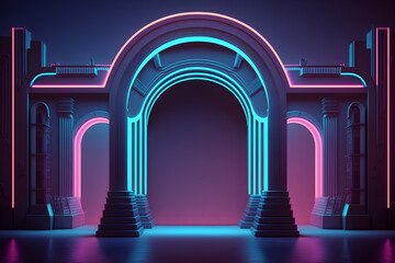 Urban city retro futuristic arch back drop background with neon accents. Neo-noir style 3d rendering