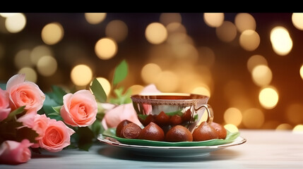Fototapeta Ramadan Kareem greeting card, invitation. Iftar dinner. Muslim Eid ul Adha banner. Plate with dates fruit, bronze coffee cup, pink roses and green branches,Generative Ai obraz