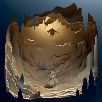 Levitating monk scene , layerded paper art, framed, birds; light