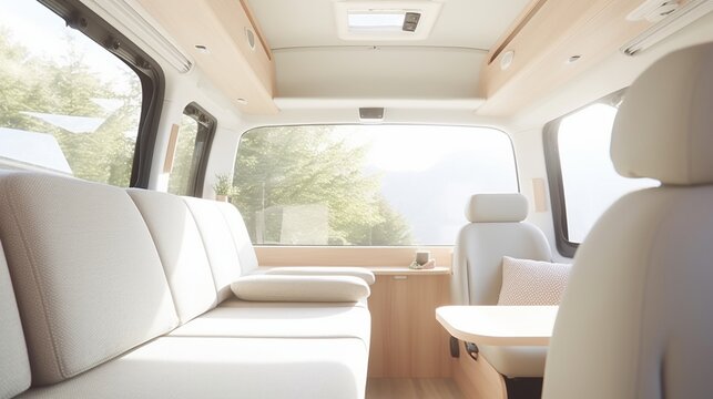 AI Explore the cozy and versatile interior of a camper van in this captivating photograph, showcasing the perfect balance of comfort and adventure on the road. Ideal for travel