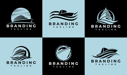 Luxury abstract sea cruise logo design set. Elegance ocean ship logo branding.