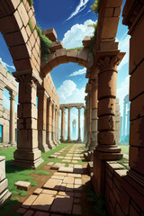 Fototapeta premium Roman forum ruins, Colorful Cartoon-Realistic Style, Children's Book Illustrations, Environmental Awareness Campaigns, Video Game Backgrounds. Rich Greenery Details for Nature-inspired Design 