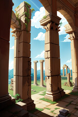 Fototapeta premium Roman forum ruins, Colorful Cartoon-Realistic Style, Children's Book Illustrations, Environmental Awareness Campaigns, Video Game Backgrounds. Rich Greenery Details for Nature-inspired Design 