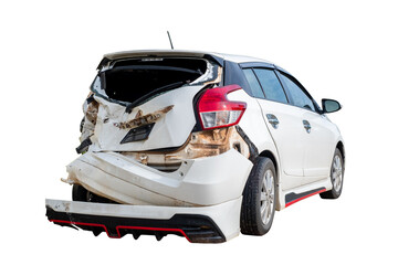 Behind of white car get damaged by accident on the road. damaged cars after collision. isolated on...