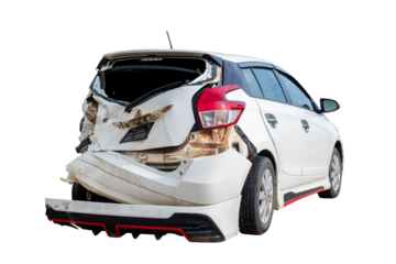 Behind of white car get damaged by accident on the road. damaged cars after collision. isolated on transparent background, PNG file