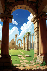 Roman forum ruins, Colorful Cartoon-Realistic Style, Children's Book Illustrations, Environmental Awareness Campaigns, Video Game Backgrounds. Rich Greenery Details for Nature-inspired Design 