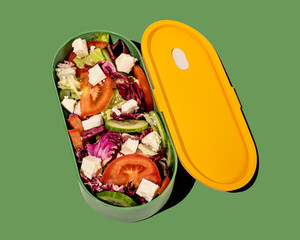 Healthy vegetable salad for lunch in plastic lunchbox. Vegetrian meal, dish, food inside container with lid