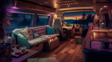 Fototapeta na wymiar AI Explore the cozy and versatile interior of a camper van in this captivating photograph, showcasing the perfect balance of comfort and adventure on the road. Ideal for travel enthusiasts and van lif