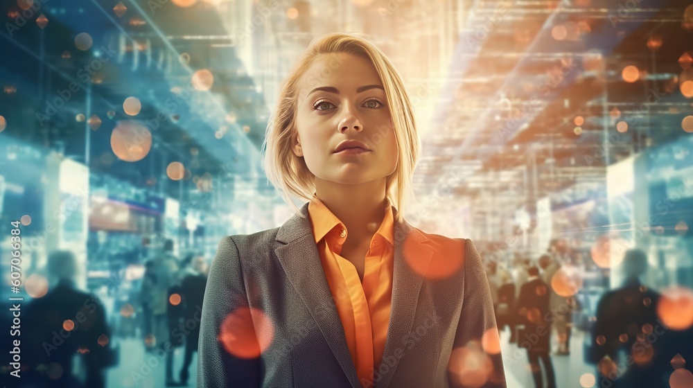 Poster a businesswoman's double acquaintance with the world of the futuristic concept of internet communica