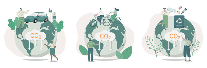 Set of climate change problem concepts. People care about the ecology and the environment. Using clean energy to reduce CO2 emissions.
Sustainable Environmental Management. Vector design illustration.