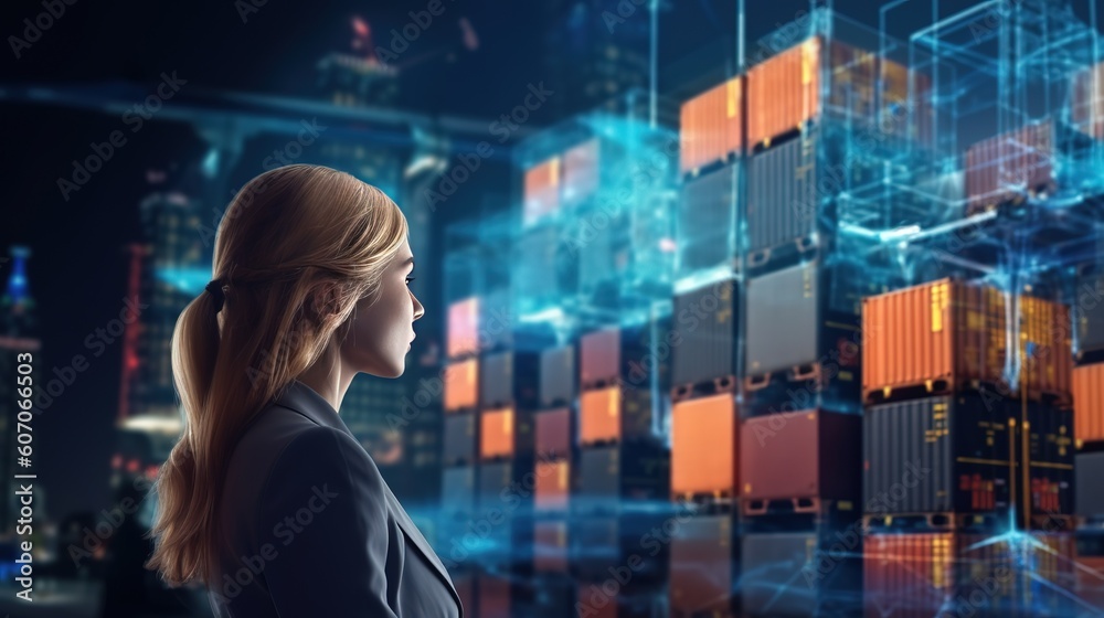 Poster a businesswoman's double acquaintance with the world of the futuristic concept of internet communica