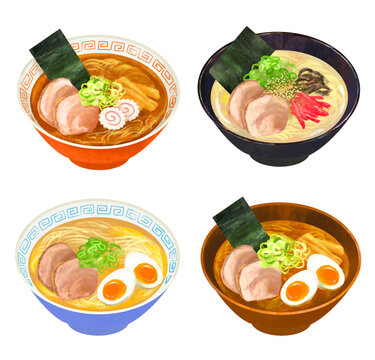 ラーメン　イラストセット　醤油　とんこつ　味噌　塩