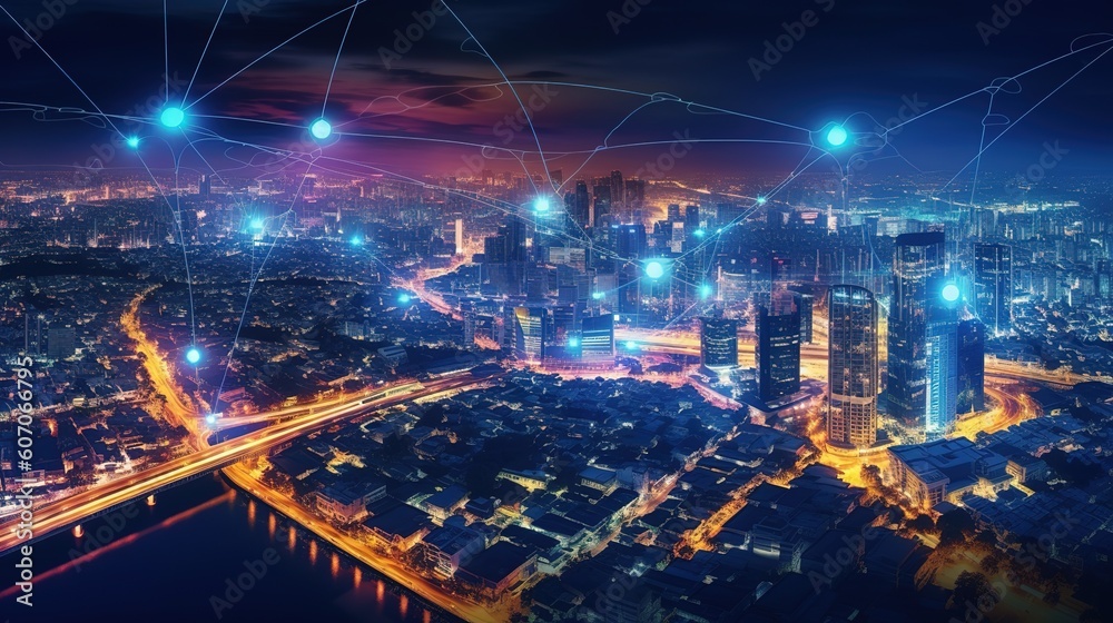 Aufkleber The concept of a wireless network and connectivity technology with an abstract city background. Futuristic innovative technologies. Generative AI