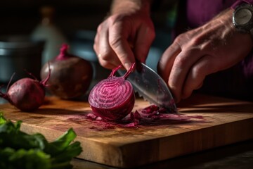 Chef cuts fresh premium beetroots on a  table.