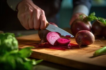 Chef cuts fresh premium beetroots on a  table