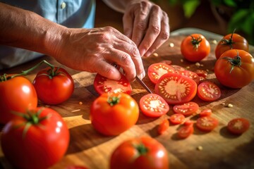 hef cuts fresh premium tomatoes on a sunlit table