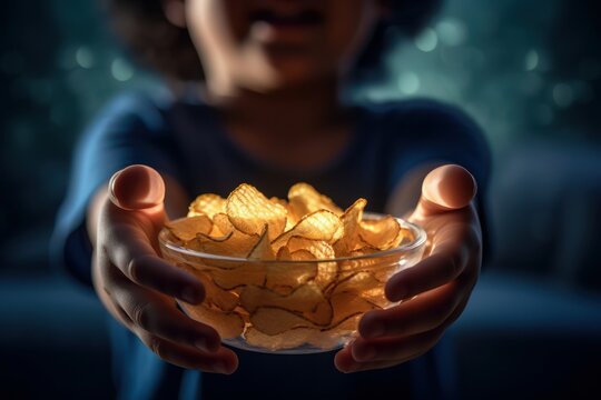 Tansparent bowl full of curly potato chips in hands of child. Generative AI