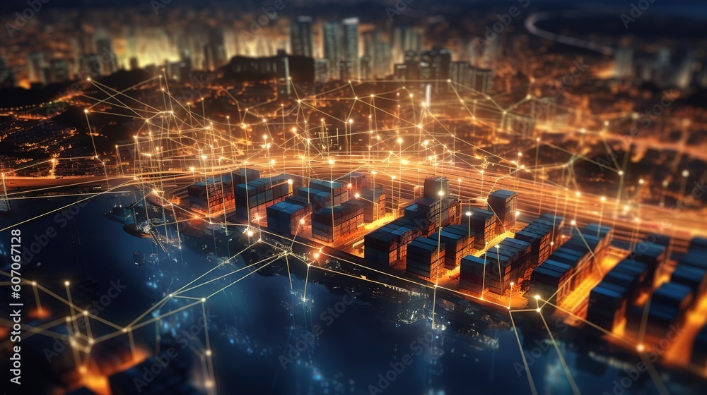 Aufkleber The concept of a wireless network and connectivity technology with an abstract city background. Futuristic innovative technologies. Generative AI
