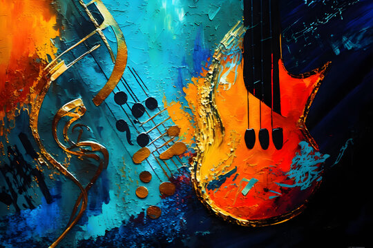 Abstract music background with impasto textures. Oil and acrylic painting closeup. Thick paint texture for jazz music festival banner, template social media creative backdrop. Psychology topic cover