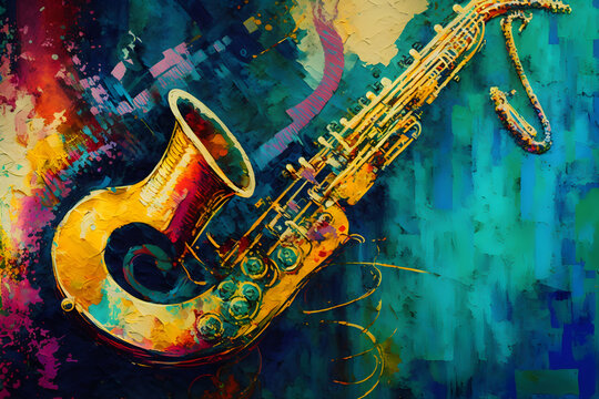Abstract music background with impasto textures. Oil and acrylic painting closeup. Thick paint texture for jazz music festival banner, template social media creative backdrop. Psychology topic cover
