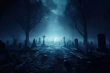 Foto op Plexiglas Fantasie landschap Graveyard in spooky death Forest At Halloween Night.