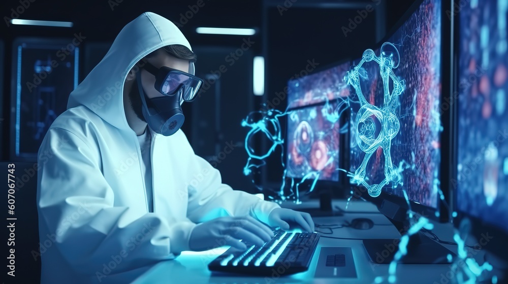 Aufkleber the doctor of medical sciences works in a laboratory with a biological apparatus for analysis and sa
