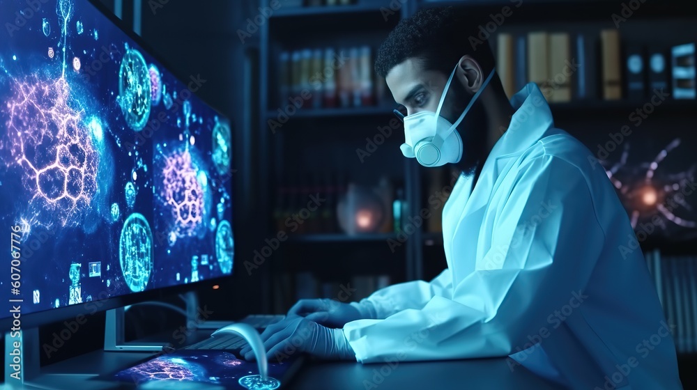 Aufkleber the doctor of medical sciences works in a laboratory with a biological apparatus for analysis and sa