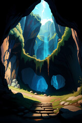 A cave landscape, Scene in Cartoon-Realistic Style, Children's Book Illustrations, Environmental Awareness Campaigns, Video Game Backgrounds. Rich Greenery Details for Nature-inspired Design 