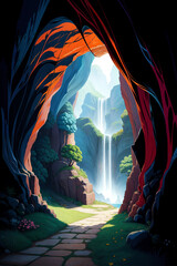 A cave landscape, Scene in Cartoon-Realistic Style, Children's Book Illustrations, Environmental Awareness Campaigns, Video Game Backgrounds. Rich Greenery Details for Nature-inspired Design 