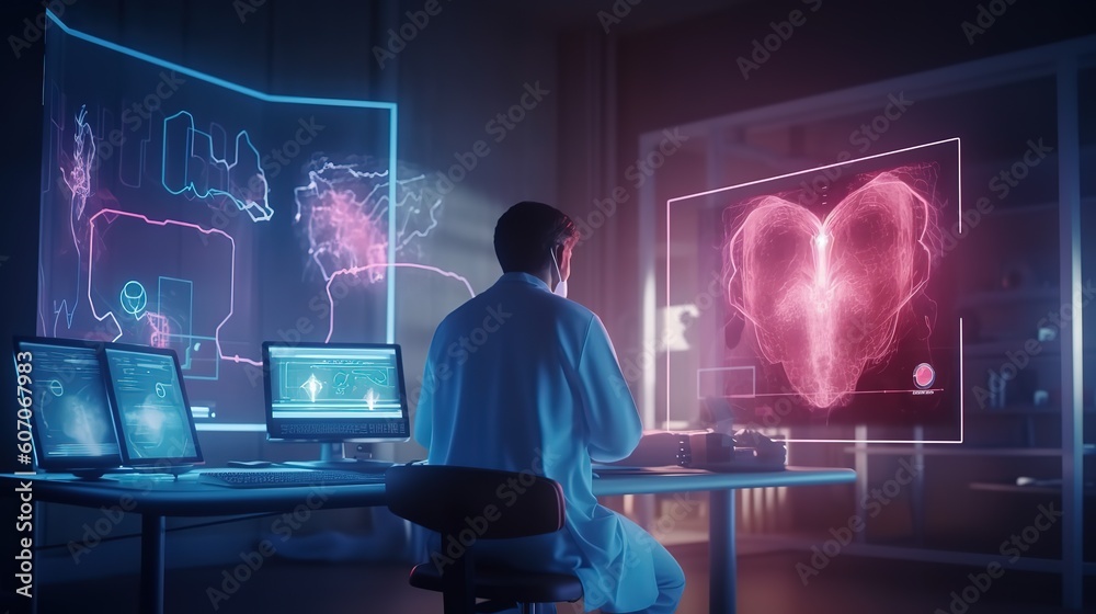 Aufkleber the doctor of medical sciences works in a laboratory with a biological apparatus for analysis and sa