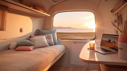 AI Explore the cozy and versatile interior of a camper van in this captivating photograph, showcasing the perfect balance of comfort and adventure on the road. Ideal for travel enthusiasts