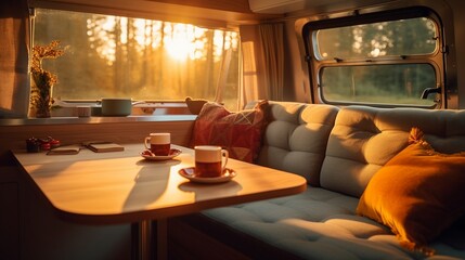 AI Explore the cozy and versatile interior of a camper van in this captivating photograph, showcasing the perfect balance of comfort and adventure on the road. Ideal for travel enthusiasts