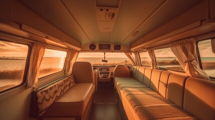 Fototapeta premium AI Explore the cozy and versatile interior of a camper van in this captivating photograph, showcasing the perfect balance of comfort and adventure on the road. Ideal for travel enthusiasts