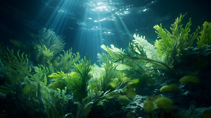 Fototapeta na wymiar deep of the ocean and marine algae including rare fish