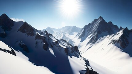 Snow top of mountains, wide angle shot, sharp, sun shine. AI generated Generative AI