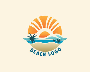 Summer Beach logo design template with sunlight and sand with palms, simple gradient summer colors