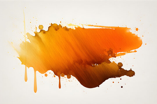 Orange with brown ink and watercolor textures on white paper background. Paint leaks and ombre effects. Hand painted abstract image