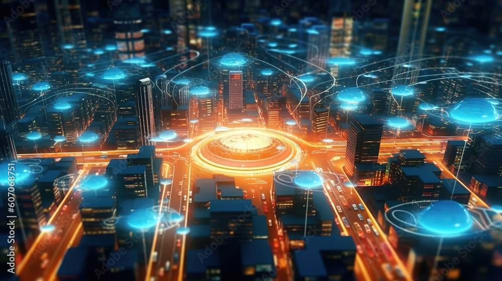 Aufkleber The concept of a wireless network and connectivity technology with an abstract city background. Futuristic innovative technologies. Generative AI