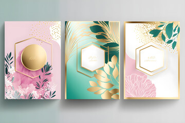 Pre made templates collection, geometric frame - cards with gold, pink, turquoise textures backgrounds. Wedding concept. Floral poster. Greeting card, invitation design background, birthday party