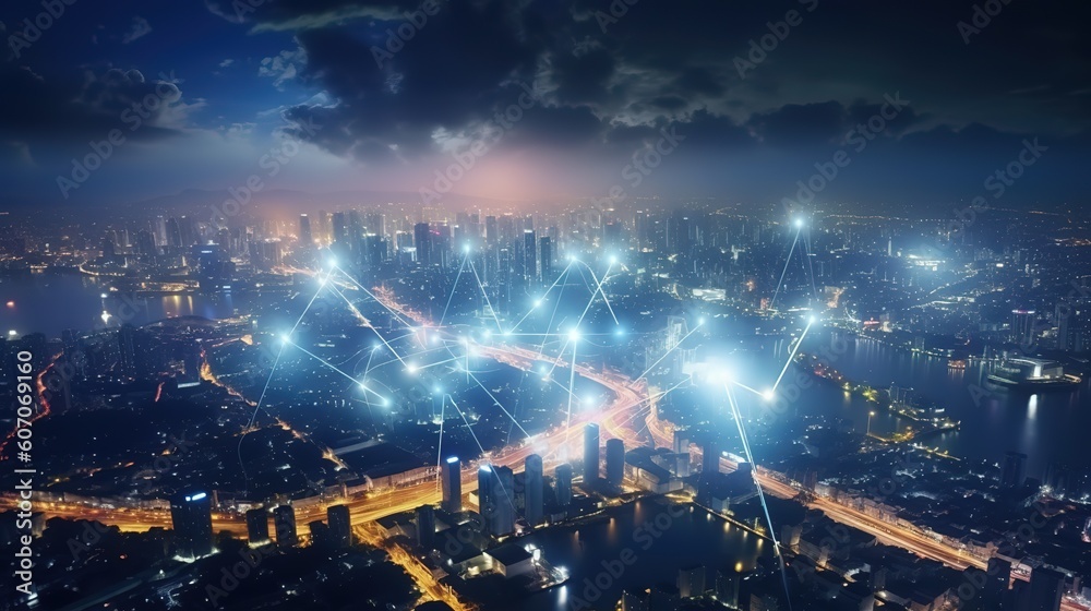 Aufkleber The concept of a wireless network and connectivity technology with an abstract city background. Futuristic innovative technologies. Generative AI