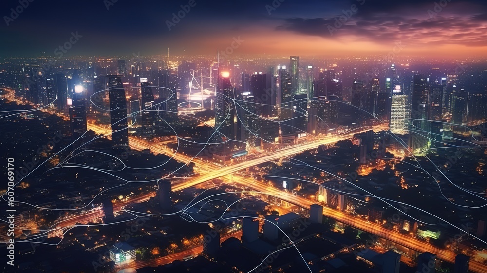 Aufkleber The concept of a wireless network and connectivity technology with an abstract city background. Futuristic innovative technologies. Generative AI