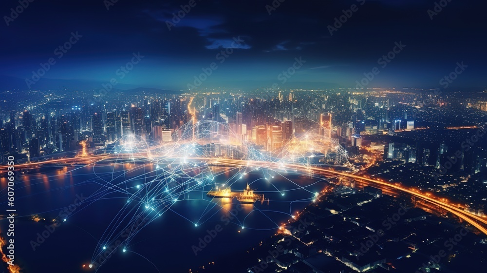 Aufkleber The concept of a wireless network and connectivity technology with an abstract city background. Futuristic innovative technologies. Generative AI