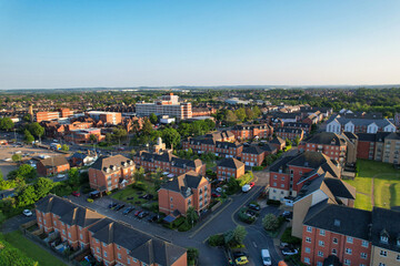 Gorgeous Aerial View of Central Bedford City of England Great Britain of UK. The Downtown's photo Was Captured with Drone's Camera from Medium Altitude from River Great Ouse on 27-May-2023. 