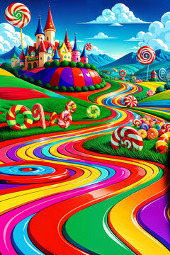 Candyland landscape, Scene in Cartoon-Realistic Style, Children's Book Illustrations, Environmental Awareness Campaigns, Video Game Backgrounds. Rich Greenery Details for Nature-inspired Design 