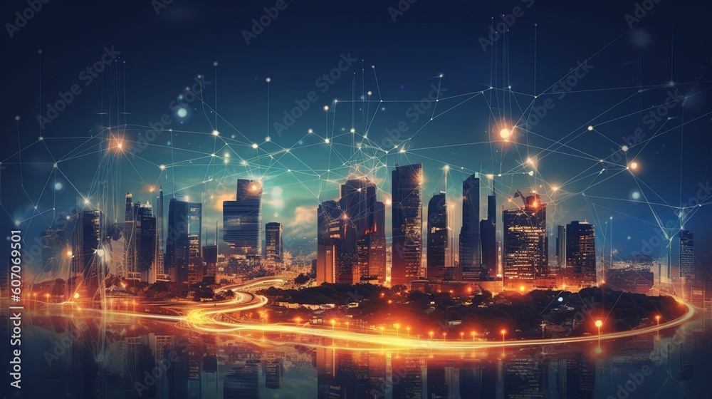 Aufkleber the concept of a wireless network and connectivity technology with an abstract city background. futu