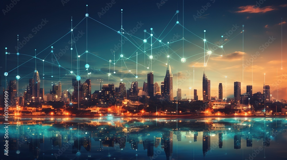 Aufkleber The concept of a wireless network and connectivity technology with an abstract city background. Futuristic innovative technologies. Generative AI