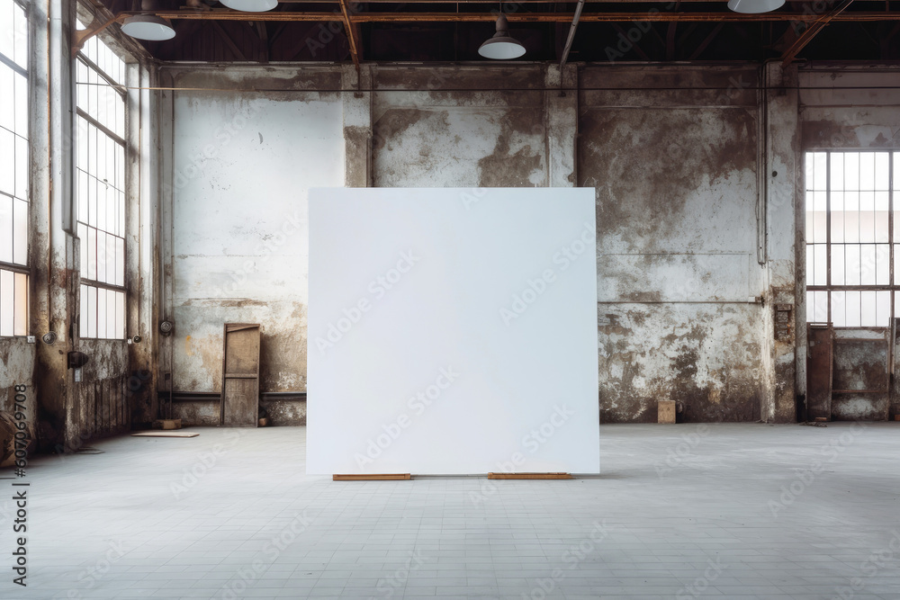 Poster White Blank Canvas with Free Space for Your Design in a Factory Loft extreme closeup. Generative AI