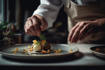 Obraz na płótnie Canvas A Chef's Hands Skillfully Preparing a Delicious Gourmet Dish extreme closeup. Generative AI