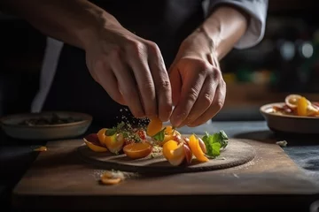 Fotobehang A Chef's Hands Skillfully Preparing a Delicious Gourmet Dish extreme closeup. Generative AI © doomu