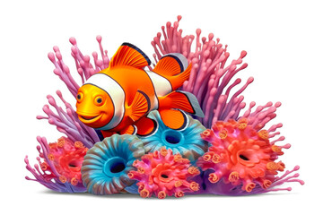 Fototapeta na wymiar Clown Fish and Coral Beautiful Sea Flowers on a white background. Generative AI